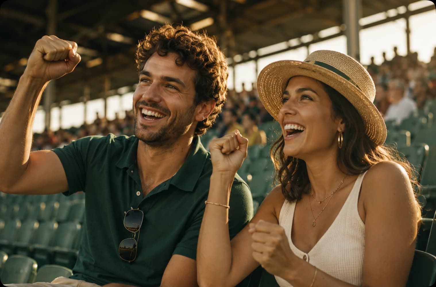 Un homme et une femme, poing levé, encouragent leur équipe depuis les tribunes